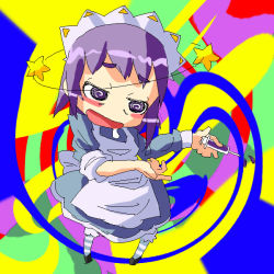 Rule 34 | 1girl, abstract background, drugged, drugs, futaba channel, nijiura maids, pantyhose, purple eyes, purple hair, short hair, solo, star (symbol), striped clothes, striped pantyhose, syringe, yakui