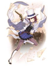 Rule 34 | 1girl, belt, boots, bow, broken window, brown hair, brown pantyhose, cape, full body, glass shards, gloves, gun, hat, hat bow, high heel boots, high heels, highres, holding, holding gun, holding weapon, looking at viewer, necktie, official art, pantyhose, princess principal, princess principal game of mission, purple bow, purple skirt, skirt, smile, solo, standing, standing on one leg, stephanie (princess principal), transparent background, weapon, white footwear, white gloves, white hat, yellow eyes
