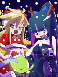 Rule 34 | 10s, 2girls, :d, animalmaster, christmas, chuck (psg), elbow gloves, gloves, heart, heart in mouth, highres, honekoneko (psg), multiple girls, official style, open mouth, panty &amp; stocking with garterbelt, panty (psg), santa costume, siblings, sisters, smile, snowing, stocking (psg), stuffed animal, stuffed cat, stuffed toy