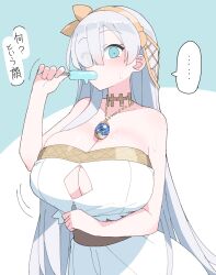 Rule 34 | 1girl, akitokage, anastasia (fate), bare shoulders, blue eyes, blush, breasts, cleavage, dress, eating, fate/grand order, fate (series), food, hair over one eye, hairband, huge breasts, jewelry, long hair, looking at viewer, neck ring, necklace, pendant, popsicle, solo, speech bubble, sweat, translation request, very long hair, white dress, white hair