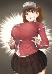 Rule 34 | 1girl, alternate breast size, black skirt, blush, breasts, brown eyes, brown hair, brown skirt, gradient background, grey background, heresy, highres, huge breasts, japanese clothes, kantai collection, long sleeves, looking down, medium hair, open mouth, pleated skirt, red shirt, revision, role reversal, ryuujou (kancolle), shirt, signature, simple background, skirt, solo, striped clothes, striped skirt, surprised, sweat, twintails, uru (uru0000), visor cap