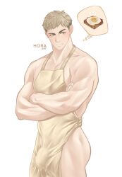 Rule 34 | 1boy, absurdres, apron, bara, blonde hair, covered penis, cowboy shot, crossed arms, dungeon meshi, facial hair, highres, hyorasei, laios touden, large pectorals, looking at viewer, male focus, medium sideburns, muscular, muscular male, naked apron, pectoral cleavage, pectorals, seductive smile, short hair, sideburns stubble, simple background, smile, solo, spoken object, stubble, thick eyebrows, yellow apron