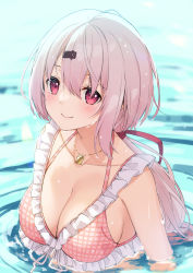 Rule 34 | 1girl, bikini, blush, breasts, closed mouth, collarbone, hair between eyes, hair ribbon, highres, jewelry, long hair, looking at viewer, low twintails, medium breasts, necklace, nijisanji, partially submerged, pink bikini, pink eyes, pink hair, plaid, plaid bikini, red ribbon, ribbon, shiina yuika, shiina yuika (6th costume), smile, solo, swimsuit, twintails, upper body, virtual youtuber, water, wet, wet clothes, wet hair, wet swimsuit, yuuri nayuta