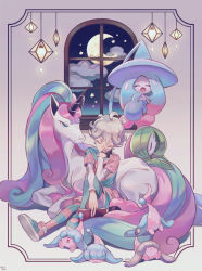 Rule 34 | 1boy, ahoge, alternate color, aqua eyes, artist name, asymmetrical legwear, bede (pokemon), blue hair, blue headwear, blue sky, blush, book, closed eyes, closed mouth, cloud, colored skin, creatures (company), crescent moon, full body, galarian form, galarian rapidash, game freak, gardevoir, gen 3 pokemon, gen 8 pokemon, gloves, gradient background, green hair, green skin, grey hair, hair over eyes, hair over one eye, half-closed eyes, hand up, happy, hat, hatenna, hatterene, head rest, highres, holding, horns, indoors, janis (hainegom), knee up, layered sleeves, leggings, light bulb, long hair, long sleeves, looking at another, moon, multicolored clothes, multicolored footwear, multicolored hair, multicolored legwear, multicolored shirt, multicolored skin, night, nintendo, nose blush, open book, open mouth, pantyhose, partially fingerless gloves, pink hair, pink shorts, platinum blonde hair, pokemon, pokemon (creature), pokemon swsh, prehensile hair, shiny and normal, shiny pokemon, shoes, short hair, short over long sleeves, short sleeves, shorts, signature, single glove, single horn, sitting, sky, sleeping, smile, star (sky), star (symbol), striped clothes, striped legwear, striped pantyhose, two-tone hair, two-tone skin, uneven legwear, unicorn, very long hair, white skin, window, witch hat, yawning
