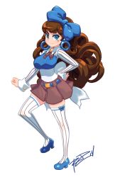 Rule 34 | 1girl, bad id, bad tumblr id, bliss barson, blue eyes, bow, breasts, brown hair, cryamore, curly hair, earrings, eyeshadow, full body, hair bow, hand on own hip, harada takehito (style), highres, hoop earrings, jewelry, large breasts, long hair, makeup, mole, parody, robaato, skirt, smile, solo, striped clothes, striped thighhighs, style parody, thighhighs, vertical-striped clothes, vertical-striped thighhighs, white thighhighs, zettai ryouiki