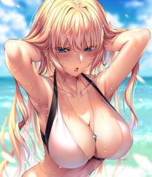 Rule 34 | 1girl, armpits, arms behind head, bikini, blonde hair, blue eyes, blue sky, blush, breasts, cleavage, collarbone, day, hanikami kanojo, jewelry, large breasts, long hair, looking at viewer, mole, necklace, open mouth, outdoors, piromizu, shoudou erena, sidelocks, sky, solo, swimsuit, very long hair, wet