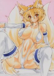 Rule 34 | 1girl, animal ears, blonde hair, breasts, breasts apart, curvy, female focus, fox ears, fox tail, hairband, large breasts, looking at viewer, marker (medium), multiple tails, orange eyes, pink background, slingshot swimsuit, smile, solo, swimsuit, tail, thighhighs, touhou, traditional media, white thighhighs, yakumo ran, yutakasan-love
