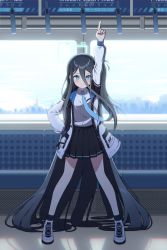Rule 34 | 1girl, absurdly long hair, absurdres, aris (blue archive), arm up, blue archive, blue eyes, blue hair, blush, dark blue hair, full body, hair between eyes, highres, jacket, long hair, looking at viewer, necktie, pointing, pointing up, school uniform, shoes, sizque, smile, solo, train interior, very long hair