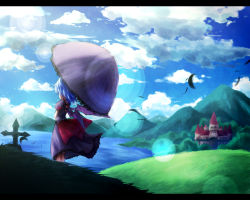 Rule 34 | 1girl, ayakashi (monkeypanch), bat wings, blue hair, building, cloud, day, grass, grave, holding, letterboxed, mountain, parasol, remilia scarlet, scenery, short hair, sky, solo, tombstone, touhou, umbrella, wind, wings