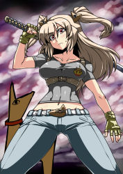 Rule 34 | 1girl, abs, anubis-kun, belt, breasts, brown hair, fictional persona, fingerless gloves, gloves, hair ornament, highres, large breasts, navel, original, red eyes, shirt, sword, taut clothes, taut shirt, toned, tukiwani, two side up, weapon