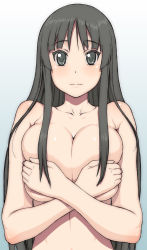 Rule 34 | 00s, 1girl, akiyama mio, black eyes, black hair, blush, breast hold, breasts squeezed together, breasts, completely nude, covering privates, covering breasts, female focus, highres, hijiri rei, huge breasts, k-on!, nude, nude cover, solo, topless frame, upper body
