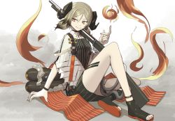 Rule 34 | 1girl, anklet, arknights, black choker, black dress, black footwear, black skirt, blonde hair, boushi-ya, breasts, choker, demon horns, dress, female focus, fire, flamethrower, full body, gun, hand up, highres, holding, holding gun, holding weapon, horns, ifrit (arknights), infection monitor (arknights), jacket, jewelry, knee up, looking at viewer, nail polish, orange eyes, orange nails, short hair, simple background, sitting, skirt, slit pupils, small breasts, solo, split mouth, toeless footwear, twintails, weapon, white background, white jacket