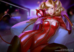 Rule 34 | 10s, 1girl, atlus, blonde hair, blue eyes, breasts, cat mask, cleavage, hair ornament, hairclip, latex, looking at viewer, mask, unworn mask, persona, persona 5, reclining, sega, solo, spandex, takamaki anne, thighhighs, twintails, whip, zipper, zumi (zumidraws)