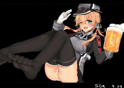 Rule 34 | 10s, 1girl, absurdres, anchor hair ornament, aqua eyes, ass, beer mug, black background, black thighhighs, blonde hair, blush, cross, cup, foam, food, food on face, gloves, hair ornament, hat, highres, iron cross, kantai collection, long hair, low twintails, military, military hat, military uniform, mug, one eye closed, open mouth, panties, pantyshot, peaked cap, prinz eugen (kancolle), salute, simple background, sketch, slm, smile, solo, thighhighs, twintails, underwear, uniform, white gloves