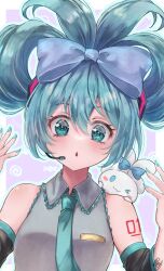 Rule 34 | 1girl, arm tattoo, blue bow, blue eyes, blue hair, blue nails, blue necktie, bow, breast pocket, cinnamiku, collared shirt, detached sleeves, earpiece, grey shirt, hair between eyes, hair bow, hair ornament, hatsune miku, highres, long hair, looking at viewer, microphone, necktie, number tattoo, official alternate hairstyle, open mouth, pecco (pecchn478), pocket, shirt, sleeveless, sleeveless shirt, smile, tattoo, vocaloid