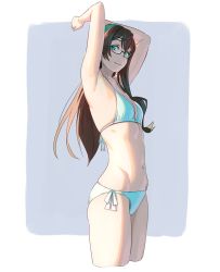 Rule 34 | 1girl, armpits, arms up, ass, bikini, black hair, blush, breasts, closed mouth, commentary, cowboy shot, from side, glasses, green eyes, groin, hairband, halterneck, highres, kantai collection, long hair, looking at viewer, navel, ooyodo (kancolle), semi-rimless eyewear, side-tie bikini bottom, simple background, skindentation, small breasts, smile, solo, string bikini, swimsuit, two-tone background, under-rim eyewear, yuuji (and)