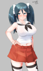 Rule 34 | 1girl, black neckerchief, commentary request, contrapposto, cowboy shot, detached sleeves, green eyes, green hair, grey background, highres, isuzu (kancolle), kantai collection, long hair, maru (marg0613), midriff, navel, neckerchief, one-hour drawing challenge, pleated skirt, red skirt, sailor collar, school uniform, serafuku, shirt, sideways glance, simple background, skirt, sleeveless, sleeveless shirt, solo, standing, thighhighs, twintails, white sailor collar, white thighhighs