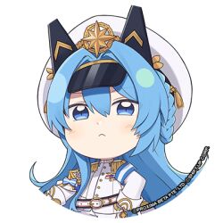 Rule 34 | 1girl, armband, belt, blue eyes, blue hair, bow, braid, chibi, closed mouth, collared jacket, epaulettes, goddess of victory: nikke, hair between eyes, hand on own hip, hat, helm (nikke), jacket, light frown, long hair, long sleeves, looking at viewer, lowres, military jacket, military uniform, official art, round image, solo, totatokeke, uniform, very long hair, white belt, white hat, white jacket
