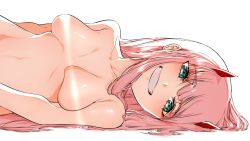 Rule 34 | 10s, 1girl, breasts, censored, censored nipples, darling in the franxx, geroro44, green eyes, grin, horns, long hair, looking at viewer, lying, medium breasts, nude, on side, pink hair, simple background, smile, solo, teeth, upper body, white background, zero two (darling in the franxx)
