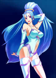 Rule 34 | 1girl, :d, amazon pandora, arm behind back, arm behind head, arm up, armpits, bare shoulders, big hair, blue background, blue hair, breasts, cleavage, clothing cutout, detached sleeves, garter straps, gloves, gradient background, kid icarus, kid icarus uprising, large breasts, leotard, lipstick, long hair, looking at viewer, mafen, makeup, navel, navel cutout, nintendo, open mouth, pandora (kid icarus), pink lips, ponytail, purple eyes, sidelocks, smile, solo, spoilers, standing, thighhighs, thighs, very long hair, white thighhighs, wide hips, zettai ryouiki