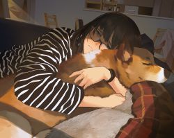 Rule 34 | 1girl, black hair, blush, brown eyes, commentary, couch, crying, frown, glasses, hug, looking at viewer, lying, medium hair, morifumi, on couch, original, sad, shirt, solo, striped clothes, striped shirt, symbol-only commentary, tears, watch, welsh corgi, wristwatch