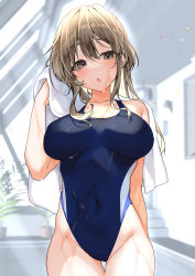 Rule 34 | 1girl, :o, absurdres, arm behind back, bare shoulders, blue one-piece swimsuit, blush, breasts, brown eyes, brown hair, collarbone, competition swimsuit, covered navel, cowboy shot, drying, drying hair, groin, highleg, highleg swimsuit, highres, holding, holding towel, indoors, large breasts, long hair, looking at viewer, one-piece swimsuit, open mouth, original, solo, swimsuit, teltelhousi, thigh gap, towel, wet, wet hair