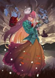 Rule 34 | 1girl, blue bow, blue bowtie, bouquet, bow, bowtie, cloud, cloudy sky, collared shirt, flower, fox mask, green shirt, hannya, hata no kokoro, highres, lake, long hair, long skirt, long sleeves, looking at viewer, mask, noh mask, oni mask, outdoors, palanquin ship, pink eyes, pink hair, plaid, plaid shirt, recare, red flower, red rose, rose, shirt, skirt, sky, solo, standing, star (sky), starry sky, touhou, water, white flower, white rose, wing collar