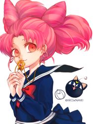 Rule 34 | 1990s (style), 1girl, big hair, bishoujo senshi sailor moon, bishoujo senshi sailor moon r, blue sailor collar, bow, chibi usa, colored eyelashes, cone hair bun, double bun, hair bun, holding, ironaki, jewelry, key, long sleeves, luna-p, necklace, own hands together, parted bangs, pearl necklace, pink eyes, pink hair, red bow, retro artstyle, sailor collar, school uniform, serafuku, solo, white background