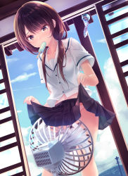 Rule 34 | 1girl, blouse, blue sky, blush, brown eyes, brown hair, clothes lift, cloud, cloudy sky, day, dutch angle, electric fan, fanning crotch, food, food in mouth, haruka natsuki, highres, indoors, legs apart, lifted by self, long hair, low twintails, mouth hold, original, panties, panty peek, popsicle, power lines, purple eyes, school uniform, see-through, serafuku, shirt, short sleeves, skirt, skirt lift, sky, solo, sweat, thighs, twintails, underwear, white panties, white shirt, wind chime