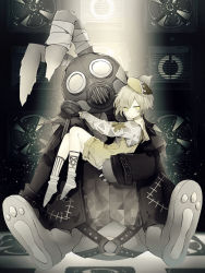 Rule 34 | 1boy, 1other, air conditioner, androgynous, blonde hair, durian pancake (food fantasy), food fantasy, gas mask, hat, highres, long sleeves, looking at viewer, mask, mr.bunny (durian pancake), hugging object, official art, pale skin, rabbit, second-party source, shorts, socks, star (symbol), trap, yellow eyes