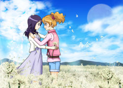 Rule 34 | 00s, 2girls, blonde hair, blue sky, blurry, blush, casual, closed eyes, cloud, couple, day, depth of field, dress, eas (fresh precure!), eye contact, field, flower, flower field, fresh precure!, hand on shoulder, higashi setsuna, hug, light smile, looking at another, momozono love, mountain, multiple girls, ouki shinobu, outdoors, petals, precure, purple hair, shorts, sky, spider lily, when you see it, white flower, white spider lily, yuri