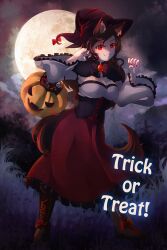 Rule 34 | 1girl, absurdres, animal ears, boots, brown hair, candy, cleavage cutout, clothing cutout, cross-laced footwear, dungeon toaster, food, frilled sleeves, frills, full moon, halloween, hat, highres, imaizumi kagerou, lace-up boots, moon, night, outdoors, red eyes, red nails, smile, solo, tail, touhou, witch hat, wolf ears, wolf girl, wolf tail