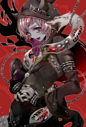 Rule 34 | 1boy, black hoodie, blue eyes, demon boy, demon horns, demon mangu (show by rock!!), hood, hood up, hoodie, horns, long sleeves, looking at viewer, male focus, mamaloni, open mouth, pink hair, red background, red nails, short hair, show by rock!!, smile, snake, solo, white snake