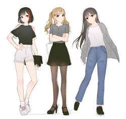 3girls bag bamboo9545 bang_dream! black_hair black_pantyhose black_shirt black_shoes black_skirt blonde_hair blue_pants brown_eyes closed_mouth clothing_cutout commentary_request crossed_arms denim green_eyes grey_shirt hanazono_tae handbag high_heels highres holding holding_bag ichigaya_arisa jeans long_hair looking_at_viewer mitake_ran multicolored_hair multiple_girls pants pantyhose red_eyes red_hair shirt shoes short_hair shorts shoulder_cutout simple_background skirt smile streaked_hair twintails white_background white_shirt white_shorts