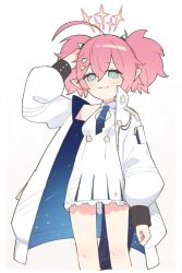 Rule 34 | 1girl, ahoge, blue archive, blue necktie, blush, bright pupils, closed mouth, coat, collared dress, cropped legs, dress, green eyes, hair ornament, hand in own hair, hand up, highres, kamo (kamonabe 44), long sleeves, looking at viewer, momoka (blue archive), necktie, open clothes, open coat, pink hair, pointy ears, popped collar, short hair, sidelocks, sleeveless, sleeveless dress, smile, twintails, white coat, white dress, white pupils