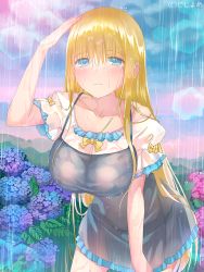 Rule 34 | 1girl, black dress, blonde hair, blue eyes, blush, bow, breasts, closed mouth, collarbone, dress, ebisque, eyebrows, flower, hair between eyes, hand on own head, hexagon, hydrangea, large breasts, leaning forward, long hair, official art, outdoors, rain, shirt, short sleeves, solo, valhalla valkyries, very long hair, watermark, wavy mouth, white shirt, yellow bow