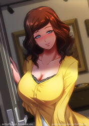Rule 34 | 1girl, artofhuan, blue eyes, blush, breasts, brown hair, cleavage, door, dress, highres, large breasts, light smile, mature female, mole, mole under eye, mole under mouth, moriya meguri (artofhuan), open door, original, painting (object), solo, solo focus, teeth, yellow dress