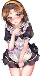 Rule 34 | 1girl, absurdres, apron, aqua eyes, black bow, black dress, blush, bow, brown hair, clothes pull, commentary request, commission, cowboy shot, dress, dress bow, dress pull, eyebrows hidden by hair, hairband, highres, looking at viewer, maid, maid apron, meitantei conan, open mouth, parted bangs, pixiv commission, sailor collar, short dress, short hair, simple background, solo, tearing up, white apron, white background, white bow, white sailor collar, yellow hairband, yoshida ayumi, yuunamida uyu
