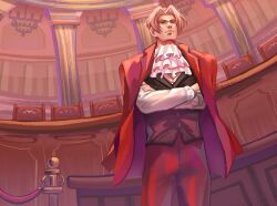 Rule 34 | 1boy, ace attorney, ascot, black vest, chair, courtroom, crossed arms, formal, glasses, grey hair, highres, indoors, jacket, jacket on shoulders, kmiyako, male focus, miles edgeworth, pants, red jacket, red pants, short hair, solo, standing, vest, white ascot