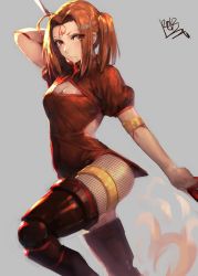 Rule 34 | 1girl, absurdres, ahoge, armlet, boots, brown eyes, brown hair, china dress, chinese clothes, cleavage cutout, clothing cutout, dress, facial mark, fate/grand order, fate (series), fishnet pantyhose, fishnets, forehead mark, grey background, highres, nezha (fate), pantyhose, peperon (peperou), polearm, solo, spear, thigh boots, thighhighs, thighlet, twintails, weapon