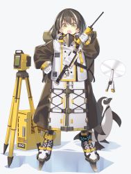 Rule 34 | 1girl, arknights, bird, brown hair, commentary request, drone, gloves, highres, holding, holding walkie-talkie, jacket, long sleeves, looking at viewer, magallan (arknights), multicolored hair, open mouth, penguin, satou kibi, shadow, solo focus, streaked hair, walkie-talkie, white background, white gloves, white hair, yellow eyes