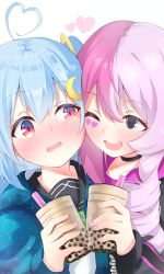 Rule 34 | #compass, 2girls, absurdres, ahoge, blue hair, blush, bubble tea, character request, cheek-to-cheek, choker, crescent, crescent hair ornament, cup, drinking straw, hair ornament, heads together, highres, holding, holding cup, kumapoi, long sleeves, multicolored eyes, multiple girls, one eye closed, open mouth, pink hair, smile, teeth, virtual youtuber, yuri