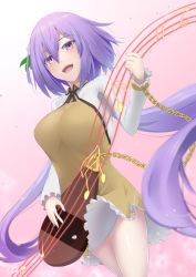 1girl, beamed eighth notes, biwa lute, blush, breasts, brown dress, chains, commentary request, cowboy shot, dress, dutch angle, from below, gnlo, gradient, gradient background, hair between eyes, hand up, highres, holding, holding instrument, instrument, large breasts, long hair, looking at viewer, lute (instrument), music, musical note, pink background, playing instrument, purple hair, simple background, solo, touhou, tsukumo benben, very long hair