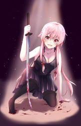 Rule 34 | 1girl, :d, absurdres, black dress, black footwear, black thighhighs, blood, bloody weapon, boots, bow, breasts, cleavage, collarbone, dress, full body, gasai yuno, hair between eyes, hair bow, highres, holding, holding sword, holding weapon, ioichiha, katana, long hair, looking at viewer, medium breasts, mirai nikki, on one knee, open mouth, pink hair, pleated dress, red bow, red eyes, short dress, sidelocks, sleeveless, sleeveless dress, smile, solo, sword, thigh boots, thighhighs, very long hair, weapon