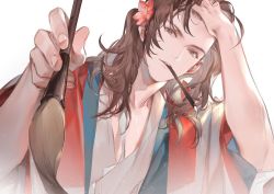 Rule 34 | 1boy, adjusting hair, brown eyes, brown hair, chinese clothes, flower, hair flower, hair ornament, hand on own head, hands up, hanfu, holding, holding paintbrush, light particles, long hair, looking at viewer, male focus, jiangnan baijingtu, paintbrush, painting (action), pink flower, red flower, robe, shuaigegentou, simple background, solo, tang yin, white background