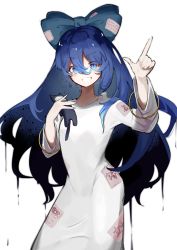Rule 34 | 1girl, animal ears, arm up, bangle, blue bow, blue eyes, blue hair, bow, bracelet, breasts, cat ears, closed mouth, commentary request, dress, eyes visible through hair, garasuno, hair between eyes, hands up, highres, jewelry, long hair, long sleeves, looking at viewer, medium breasts, pointing, simple background, smile, solo, standing, stuffed animal, stuffed toy, teeth, touhou, toy, v-shaped eyebrows, white background, white dress, yorigami shion