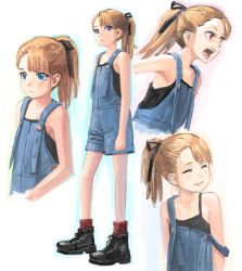 Rule 34 | 1girl, bare legs, bare shoulders, black camisole, black footwear, blue eyes, blue overalls, blush, boots, buttons, camisole, closed eyes, flat chest, full body, light brown hair, nazo no anime-dan, open mouth, original, overall shorts, overalls, ponytail, pout, red eyes, red socks, sad smile, shouting, smile, socks, spaghetti strap, strap slip, teeth, upper body, variations