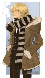 Rule 34 | 1boy, blonde hair, coat, formal, hand in pocket, maggi, male focus, original, parka, scarf, short hair, solo, striped clothes, striped scarf, suit, winter clothes, winter coat