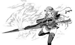 Rule 34 | 1girl, arknights, bagpipe (arknights), commentary, frown, gloves, greyscale, gun, highres, holding, holding gun, holding weapon, horns, huge weapon, jacket, lanyard, leg up, long hair, long sleeves, looking at viewer, miniskirt, monochrome, open mouth, plaid, plaid skirt, pleated shirt, skirt, smoke, solo, standing, standing on one leg, thigh strap, thighhighs, tsukira (amayadori), weapon