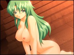 Rule 34 | 1girl, breasts, character request, completely nude, convenient censoring, dutch angle, game cg, green eyes, green hair, ikazuchi no senshi raidy, ikazuchi no senshi raidy ii, indoors, long hair, looking at viewer, medium breasts, nipples, nude, seiza, sitting, small nipples, solo